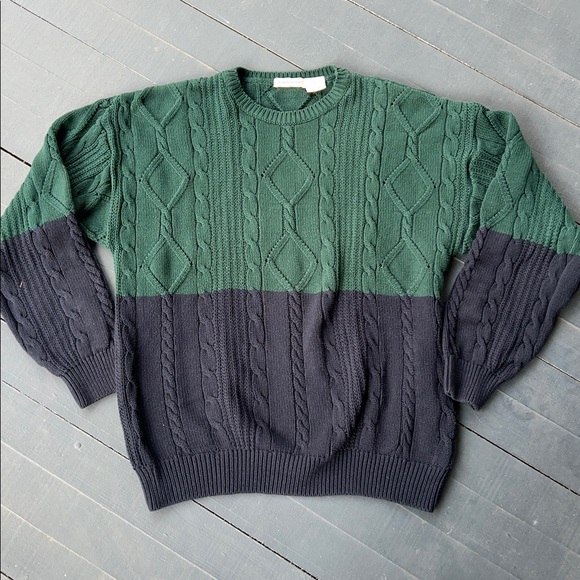 Vintage Claiborne Green and Blue 100% Cotton Cable Knit Sweater - Picture 1 of 6